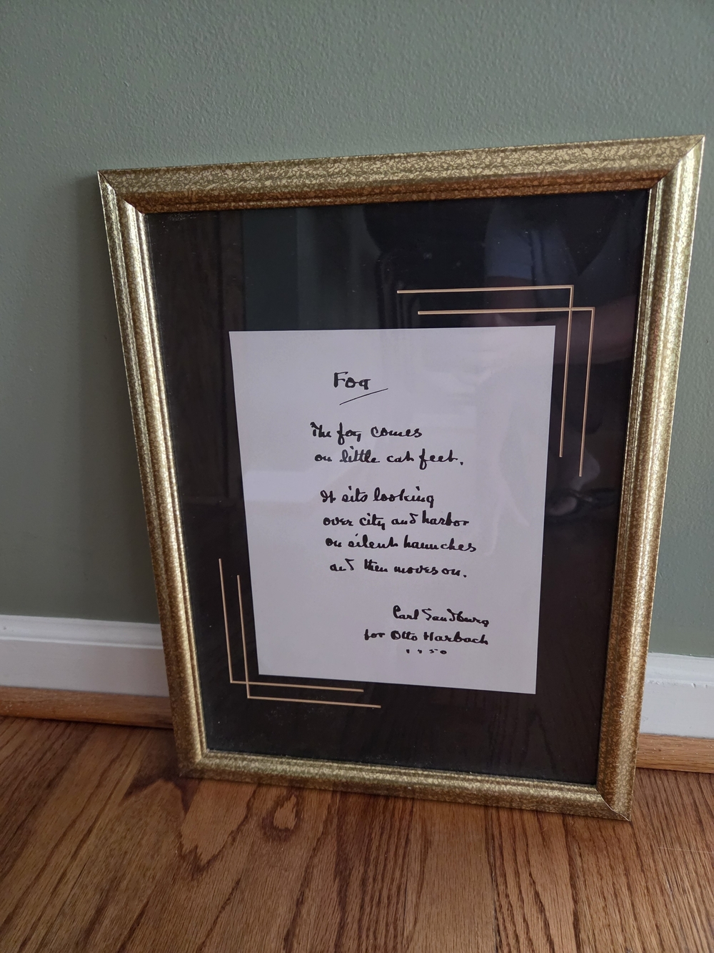 Gold Framed Poem "Fog" Wall Art with Black Mat